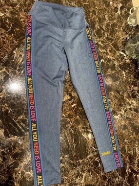 Zumba Fitness Women Blue Heather Leggings with 'All You Need Is Love' Side Tape